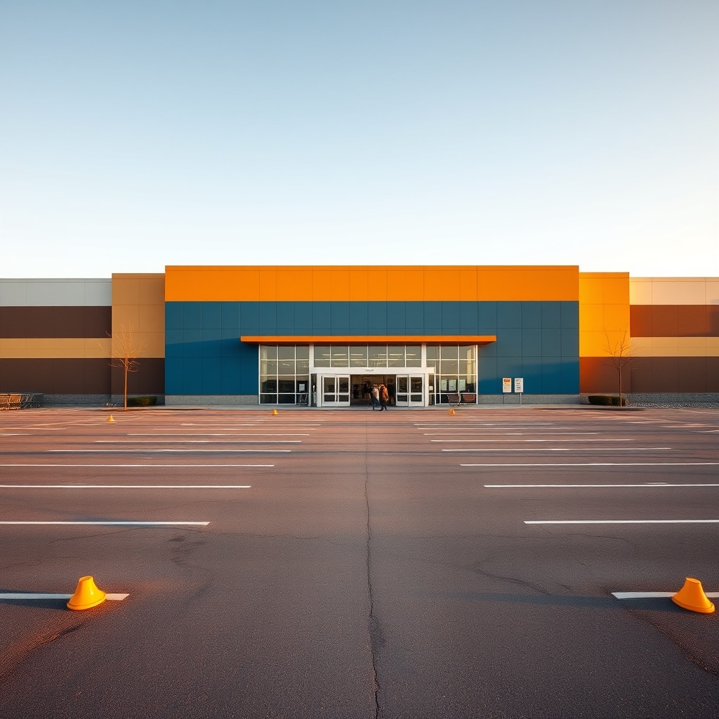 A modern Bramwell Supercenter building exterior with a wide parking lot at golden hour