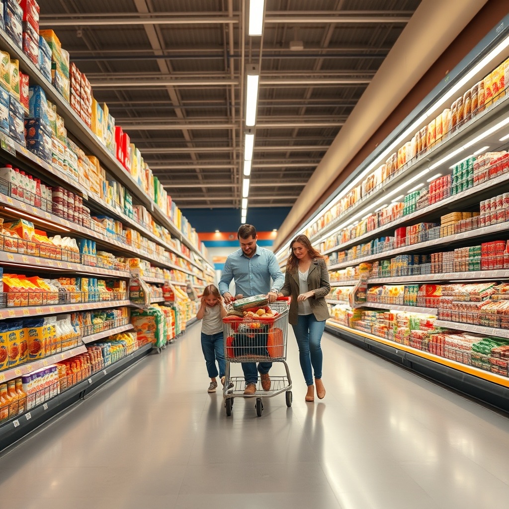 A family shopping together in a bright, well-stocked Bramwell Supercenter grocery aisle
